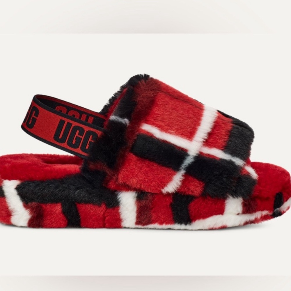 UGG Red Plaid Fluffy Slippers SIZE 5